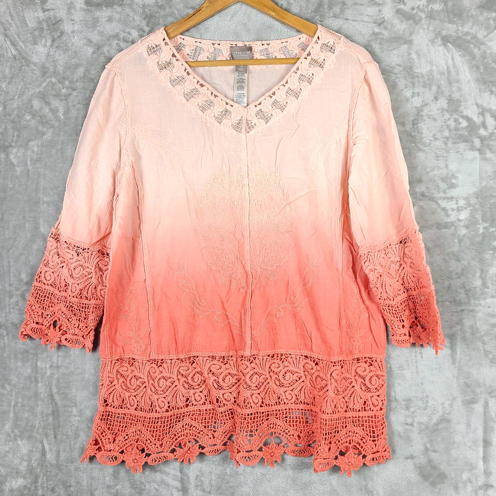 Chicos 3 Coral Ombre Lace Feminine Boho Top Lace Festival Hippie Tunic Size XL